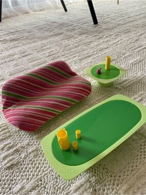 Vintage Barbie Green and Pink Striped Couch, coffee and end table play set